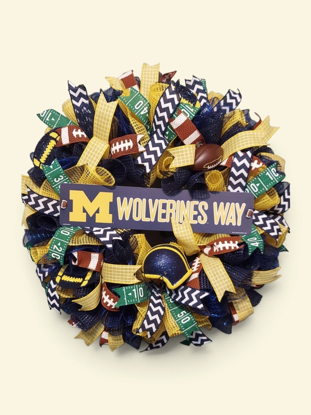 Hand Crafted Wolverines Navy, Yellow & Green Football Game Day Wreath